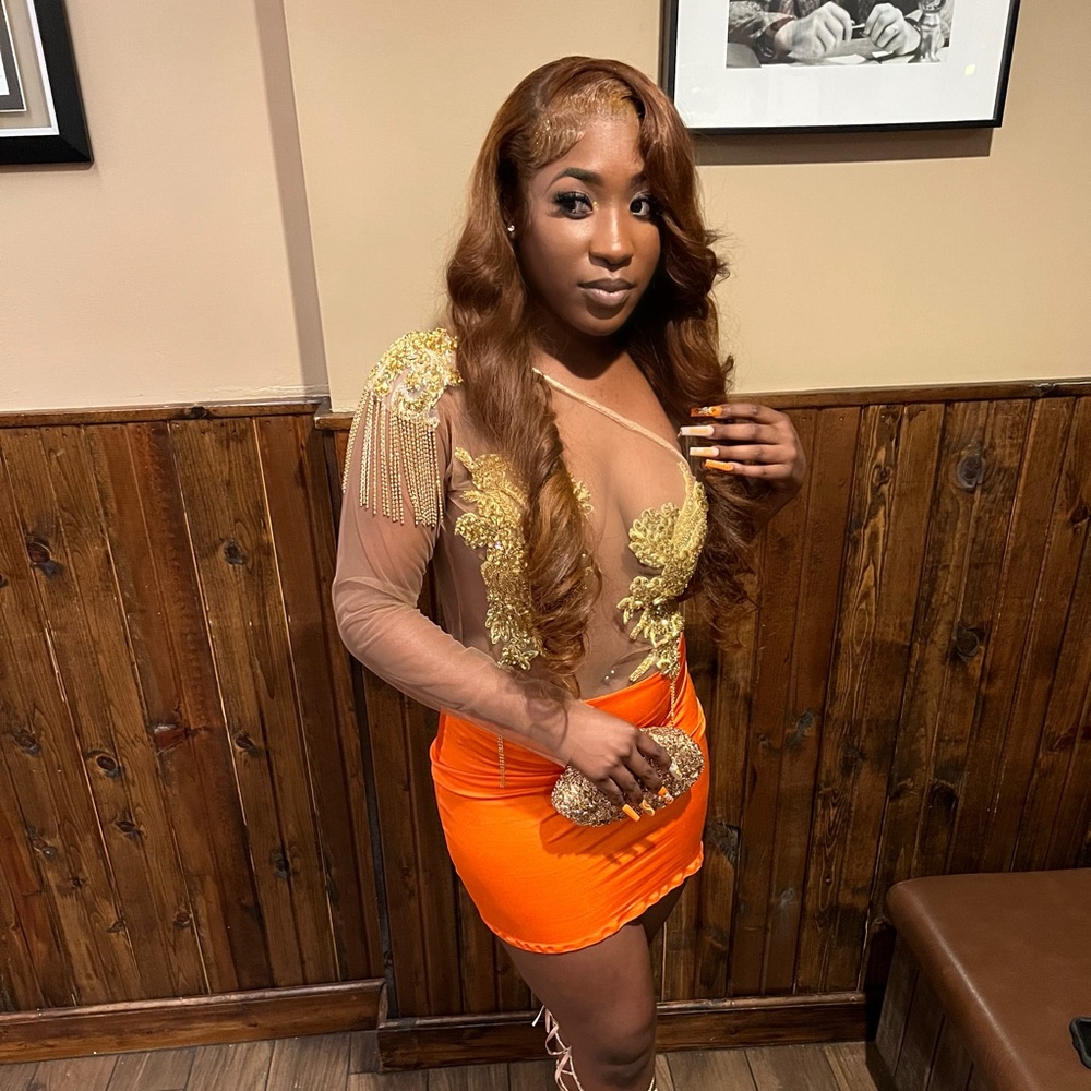 Orange Fitted Short Dress. Size Medium.